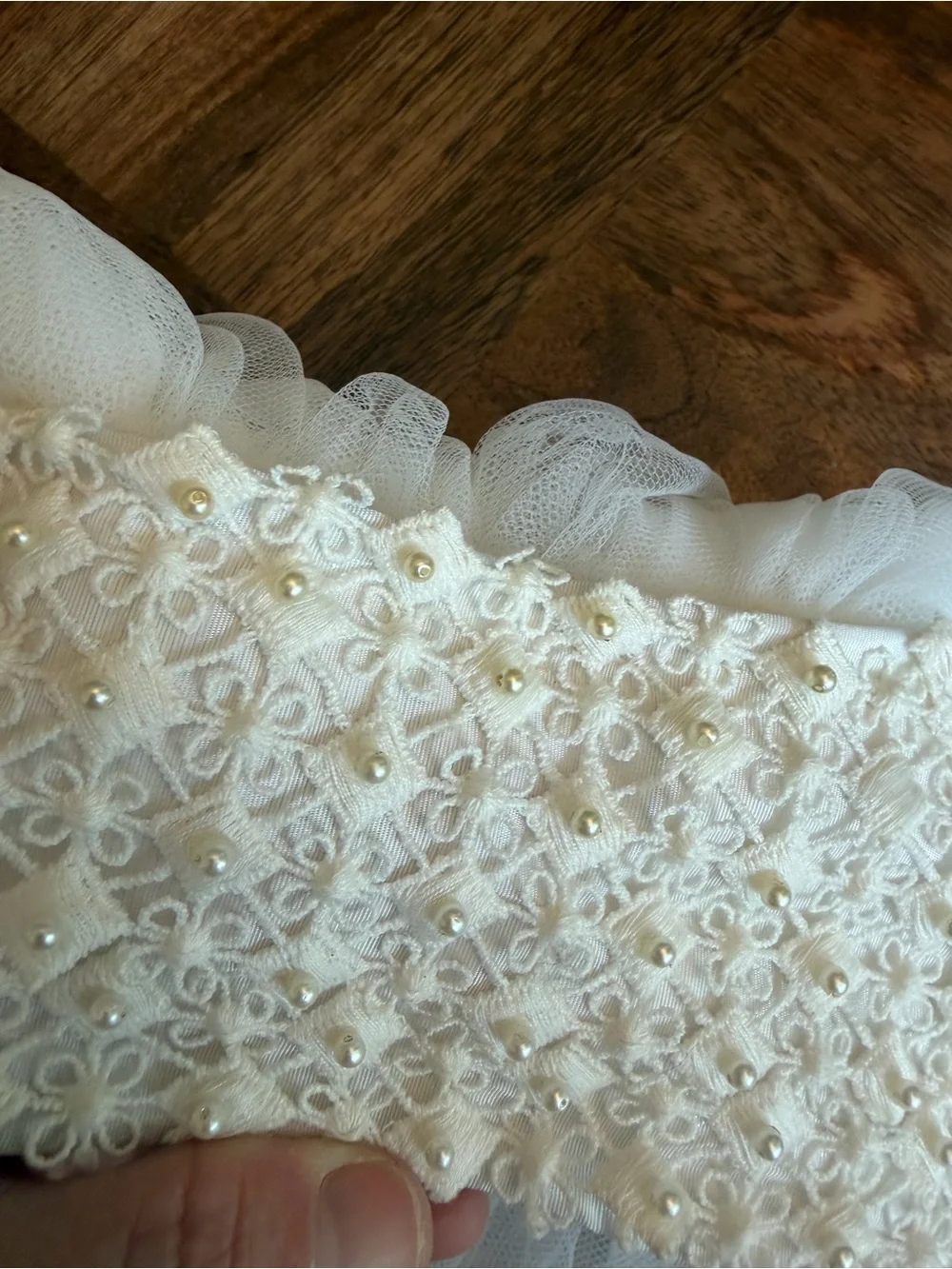 White Pearl & Lace Beaded Tulle Veil Wedding Headpiece w/ Combs Hand Sewn Women